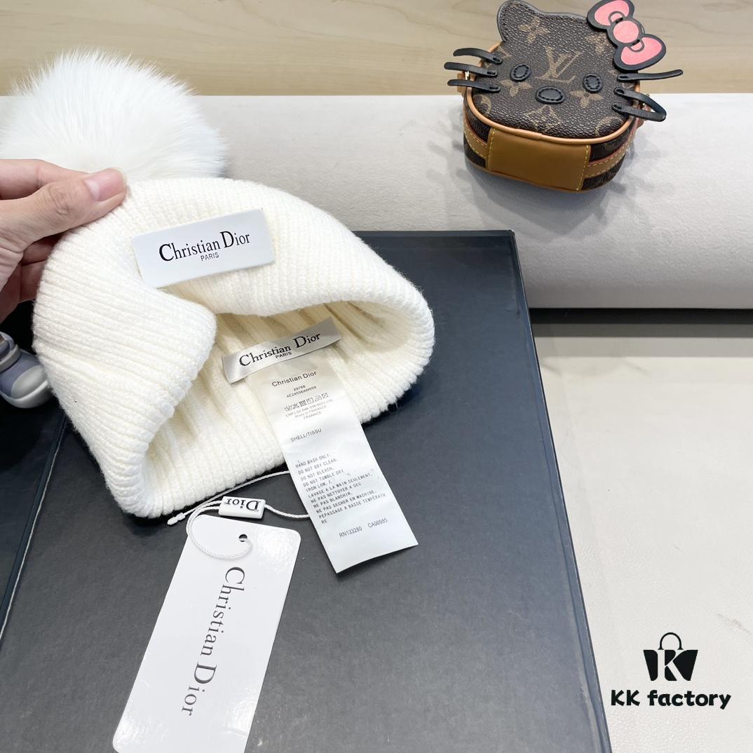 Dior Women's Knit Hat with Genuine Fox Fur Pom-Pom, Winter Thermal Insulated Ear-Protecting Beanie