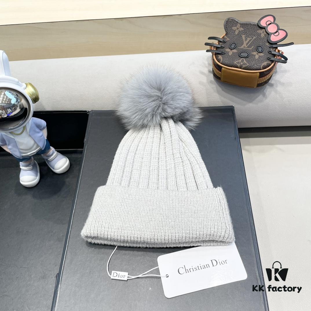 Dior Women's Knitted Hat with Genuine Fox Fur Pom for Autumn and Winter, Thickened Warm Ear-Protecting Beanie