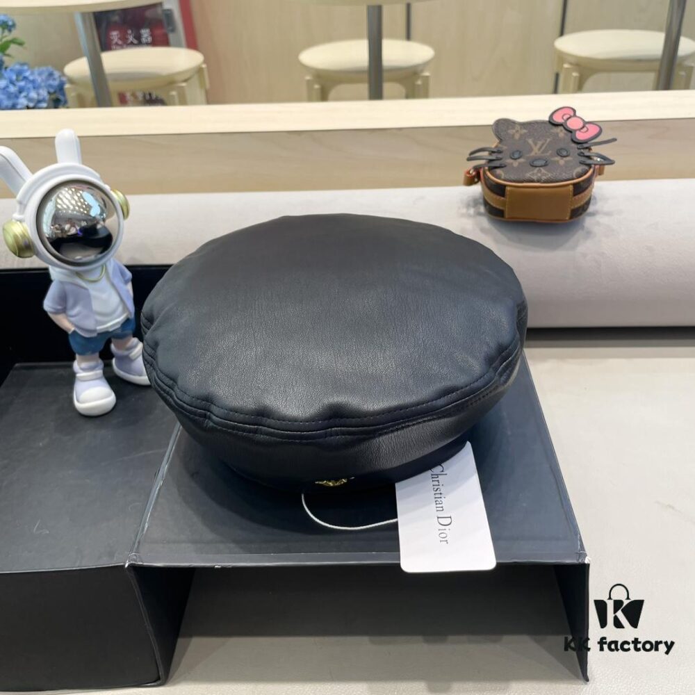 Dior Women's Beret Casual Versatile PU Leather Hat with Metal Logo Fashionable Outdoor Street Cap