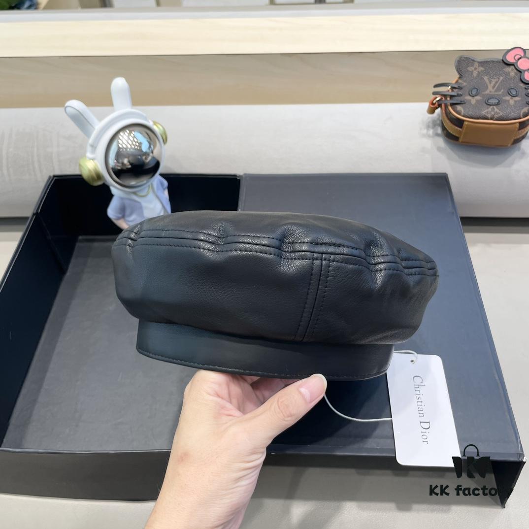 Dior Women's Beret Casual Versatile PU Leather Hat with Metal Logo Fashionable Outdoor Street Cap