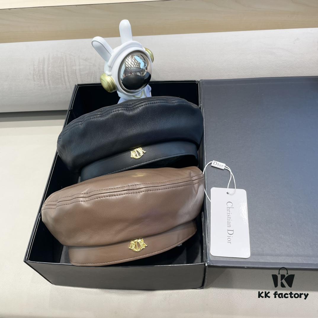 Dior Women's Beret Casual Versatile PU Leather Hat with Metal Logo Fashionable Outdoor Street Cap