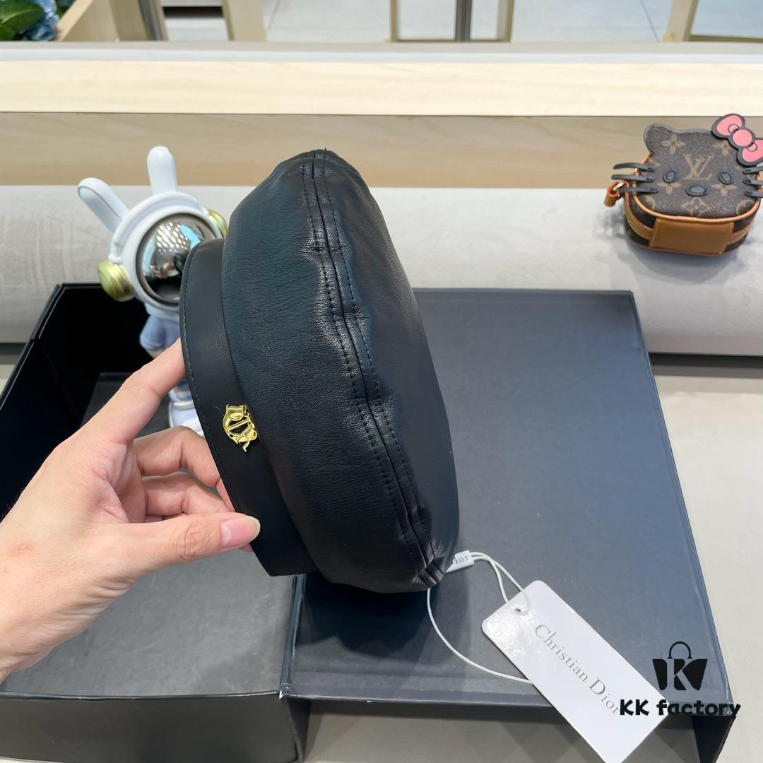 Dior Women's Beret Casual Versatile PU Leather Hat with Metal Logo Fashionable Outdoor Street Cap