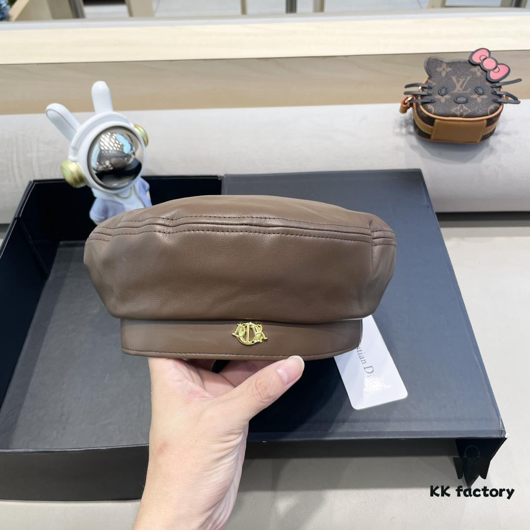 Dior Women's Beret Casual PU Leather Hat with Metal Logo Fashionable Outdoor Street Cap