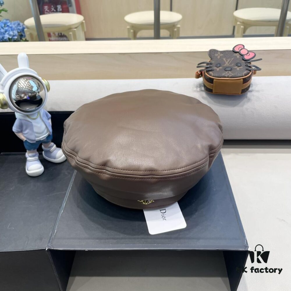 Dior Women's Beret Casual PU Leather Hat with Metal Logo Fashionable Outdoor Street Cap