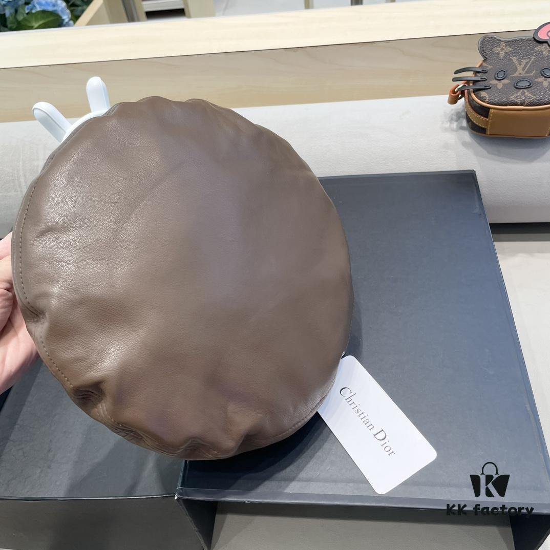 Dior Women's Beret Casual PU Leather Hat with Metal Logo Fashionable Outdoor Street Cap