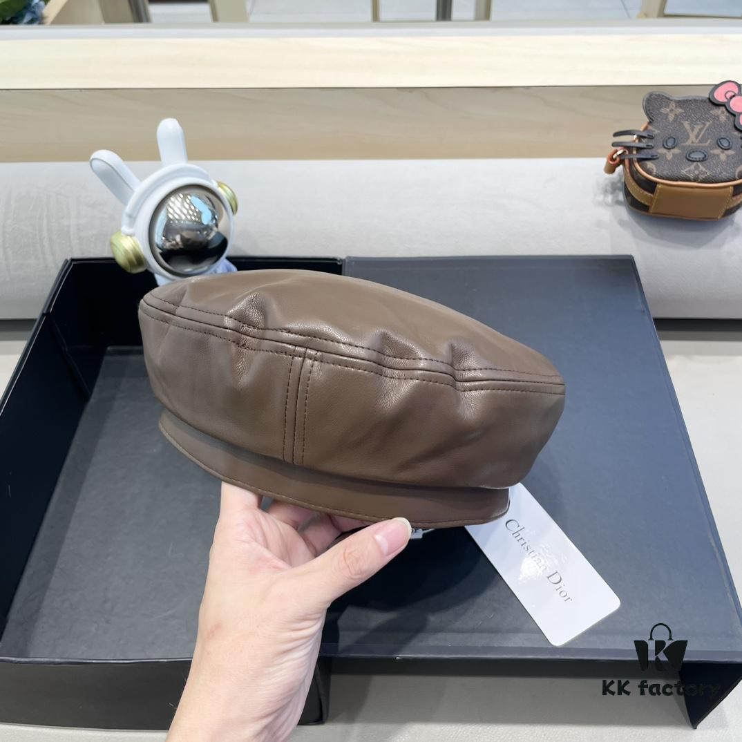 Dior Women's Beret Casual PU Leather Hat with Metal Logo Fashionable Outdoor Street Cap