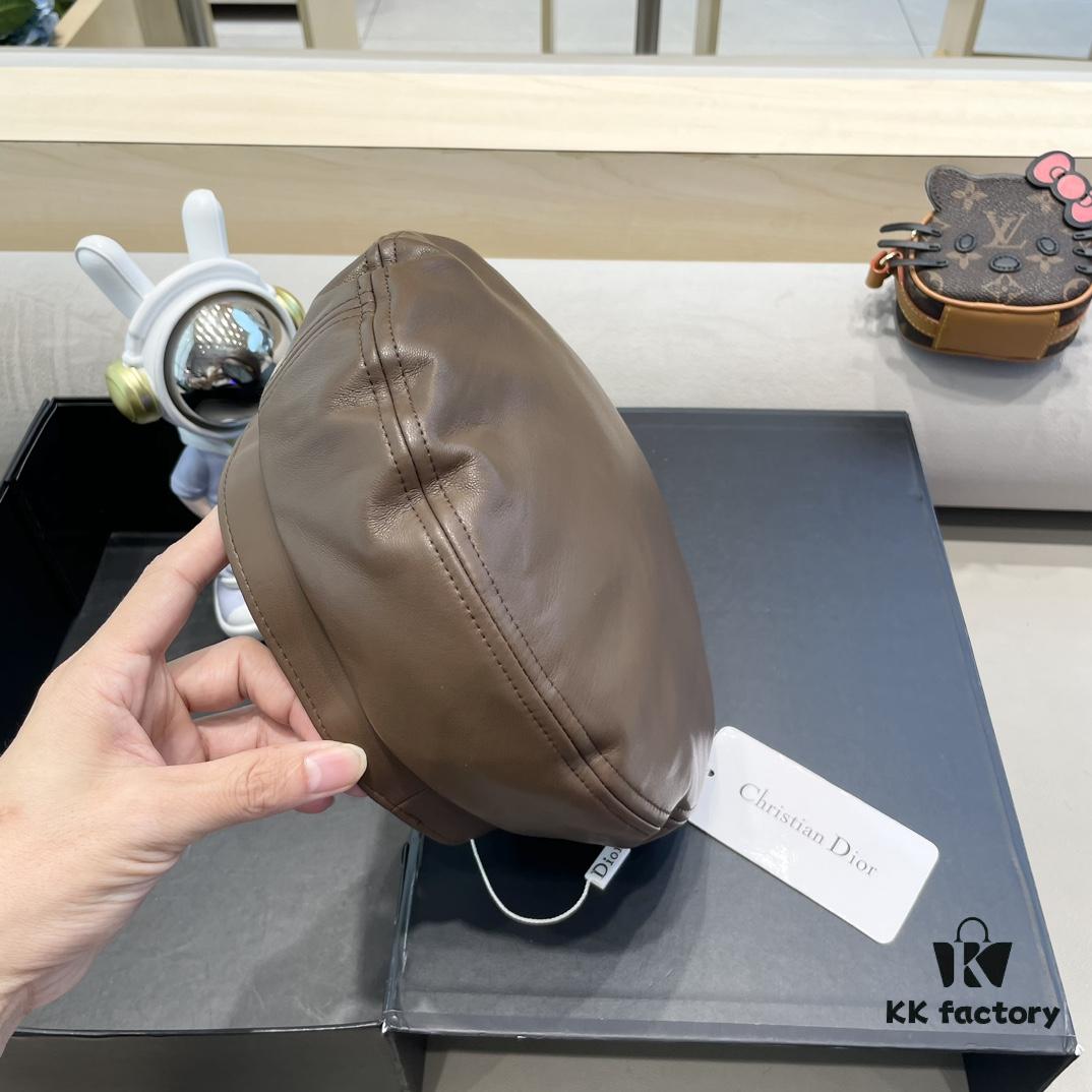 Dior Women's Beret Casual PU Leather Hat with Metal Logo Fashionable Outdoor Street Cap