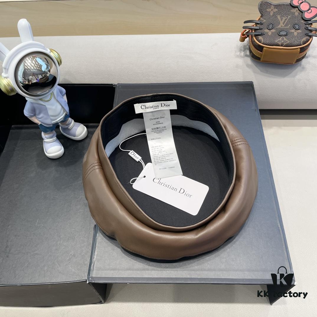 Dior Women's Beret Casual PU Leather Hat with Metal Logo Fashionable Outdoor Street Cap