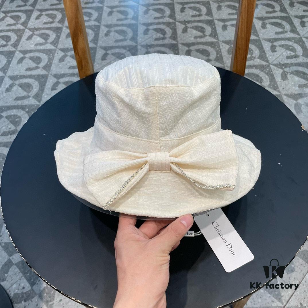 Dior Wide-Brim Sun Fishing Hat for Women, Spring and Summer Bow-Tied Bucket Hat, Versatile Facial Covering UV Protection Fashionable Sun Hat