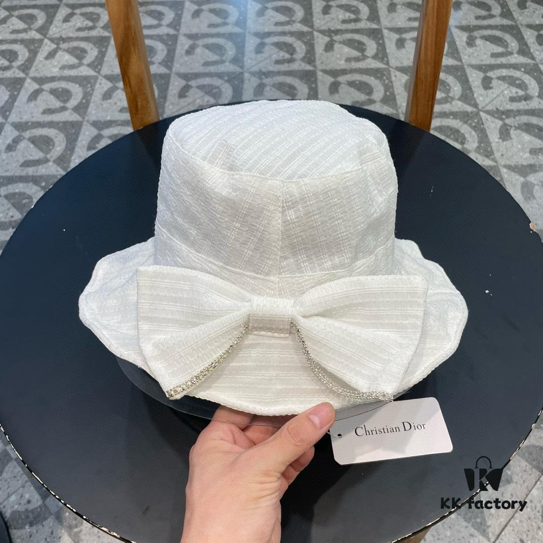 Dior Wide-Brim Sun Hat for Women, Spring and Summer Fashionable Bucket Hat with Bow, Face-Framing UV Protection