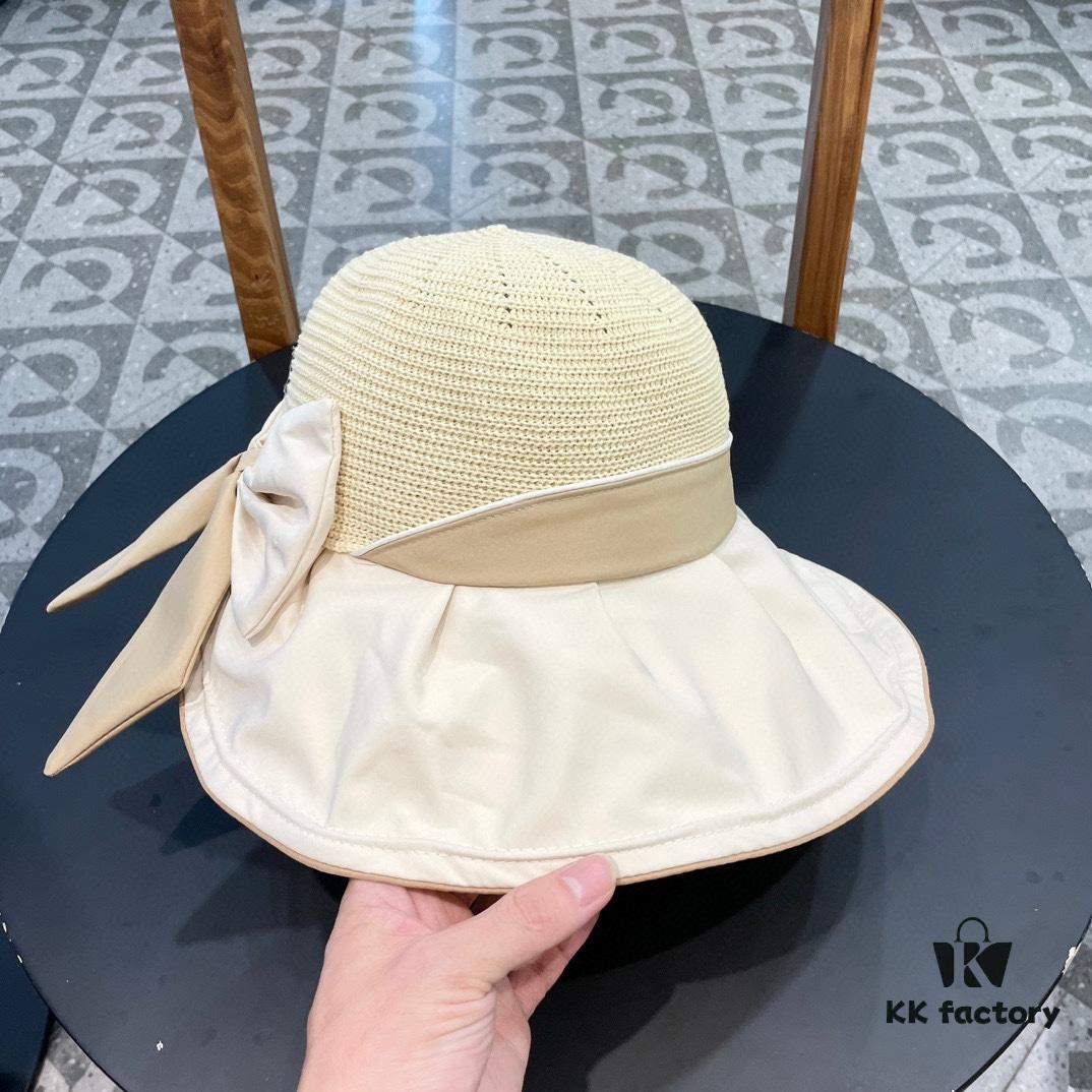DIOR Bucket Hat 2024 Summer New Sun Protection Beach Hat with Bow for Women, Wide Brim Face-Slimming Sun Hat