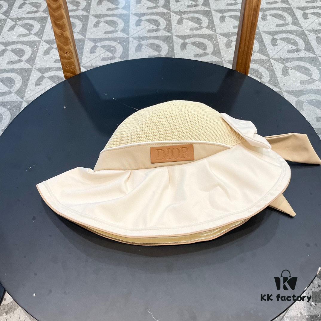 DIOR Bucket Hat 2024 Summer New Sun Protection Beach Hat with Bow for Women, Wide Brim Face-Slimming Sun Hat