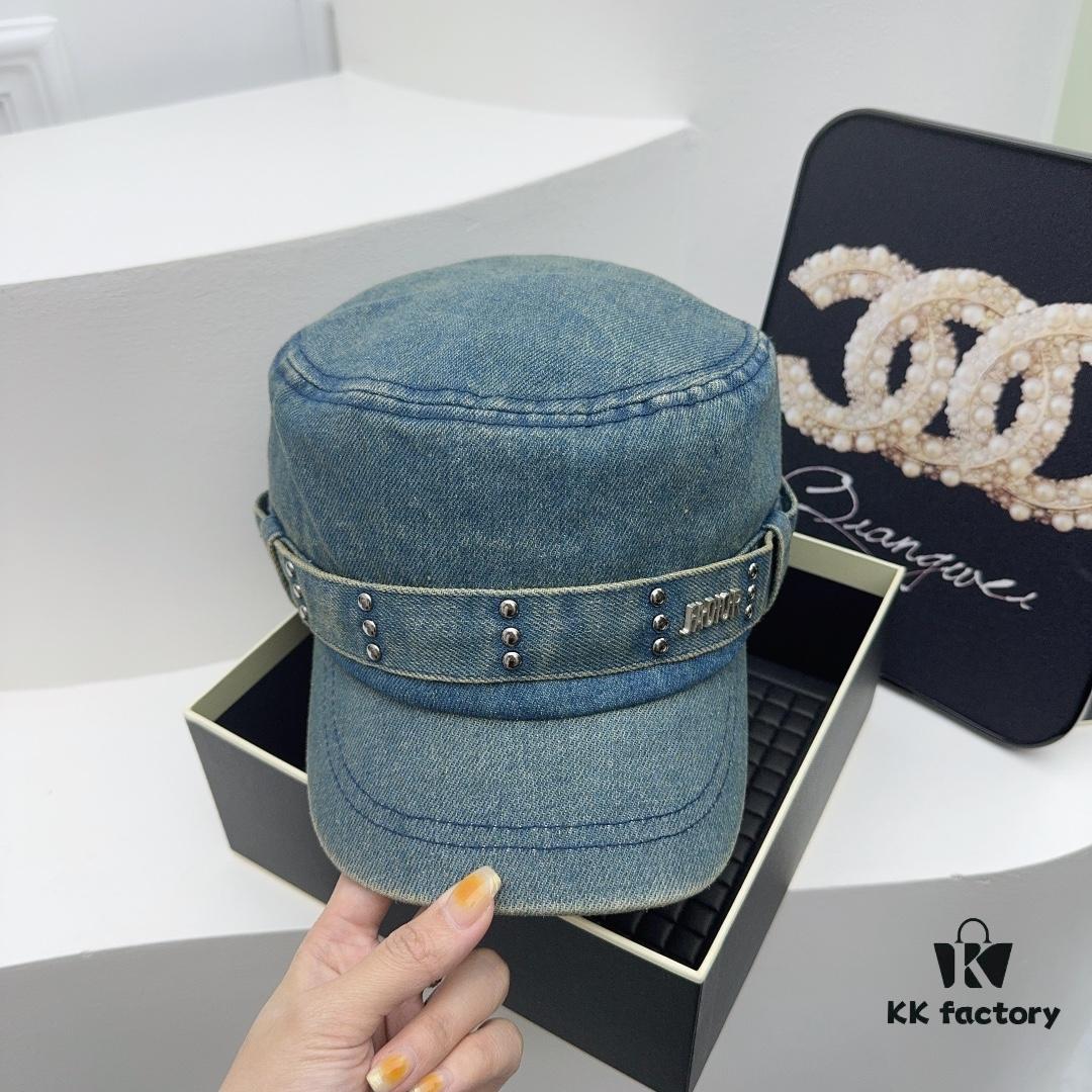 DIOR New Military Cap with Retro Personality Sequin Embellishment - Heavy Craftsmanship Series in Washed Denim Color