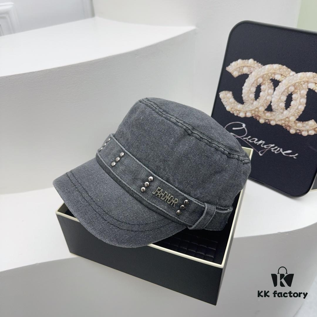 DIOR New Military Cap with Retro Personality Sequin Embellishment - Heavy Craftsmanship Series in Washed Denim Color