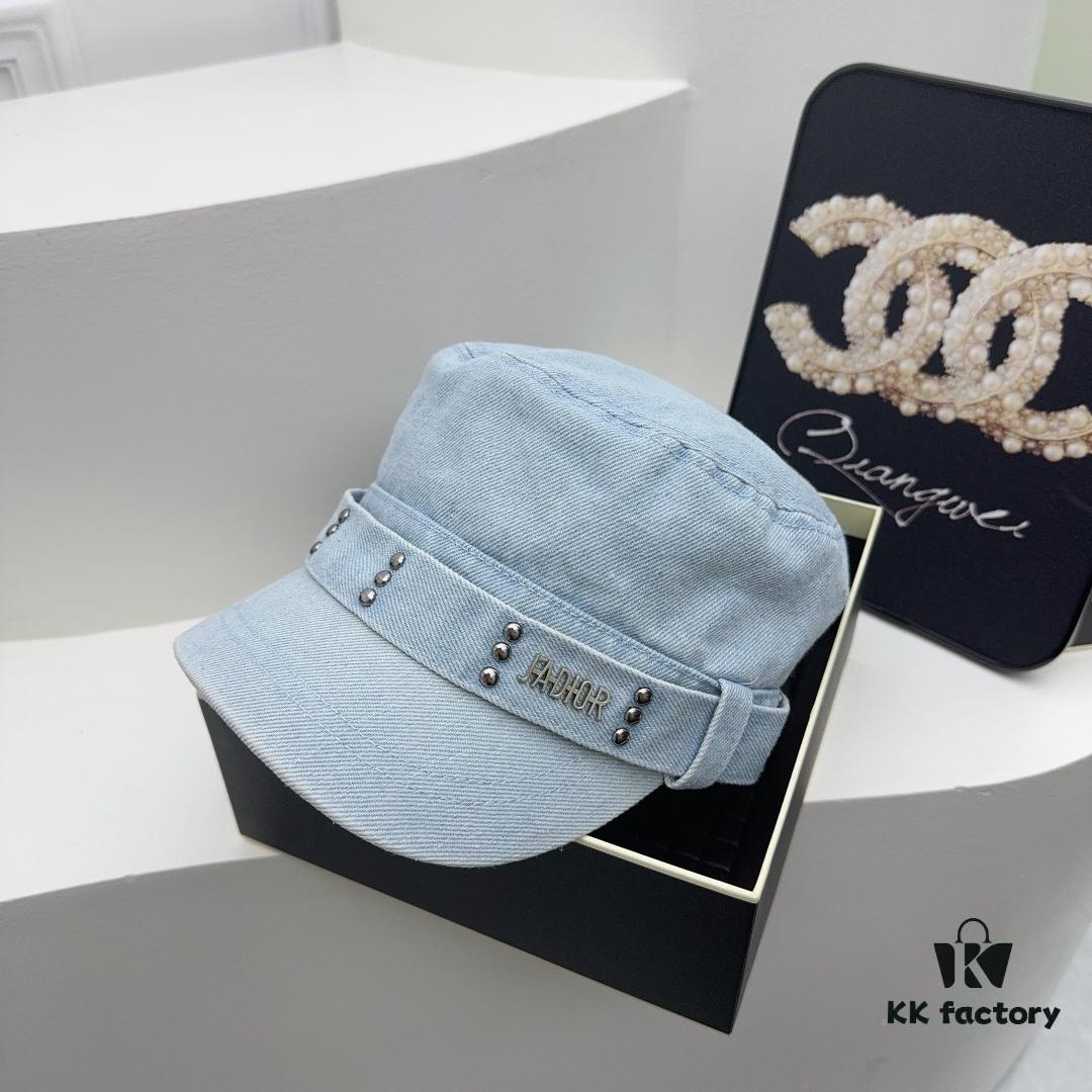 DIOR New Military Cap with Retro Personality Sequin Embellishment - Heavy Craftsmanship Series in Washed Denim Color