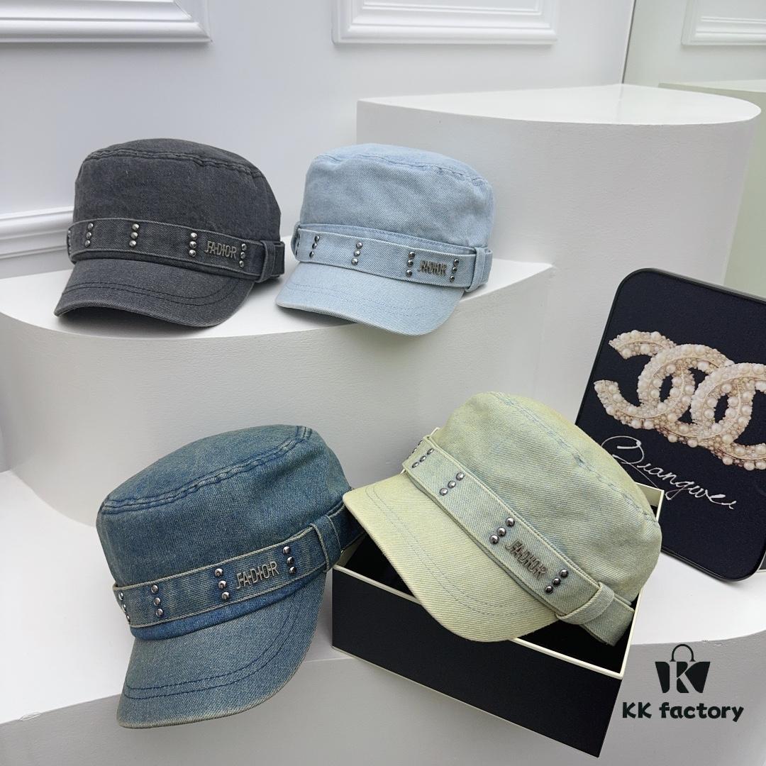 DIOR New Military Cap with Retro Personality Sequin Embellishment - Heavy Craftsmanship Series in Washed Denim Color