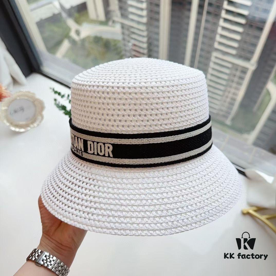 Dior Elegant PP Straw Small Bucket Sun Hat, Sweet Style