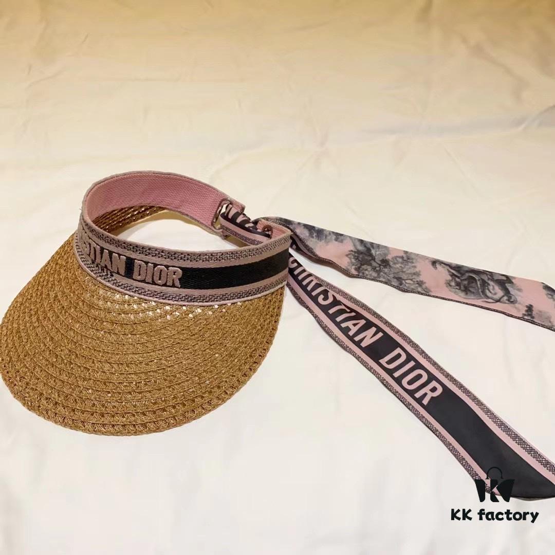 DIOR Natural Straw Wide Brim Hat - Classic Style, Pink