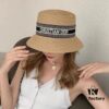 Dior-style Elegant PP Straw Small Bucket Sun Hat, Sweet and Delicate Design