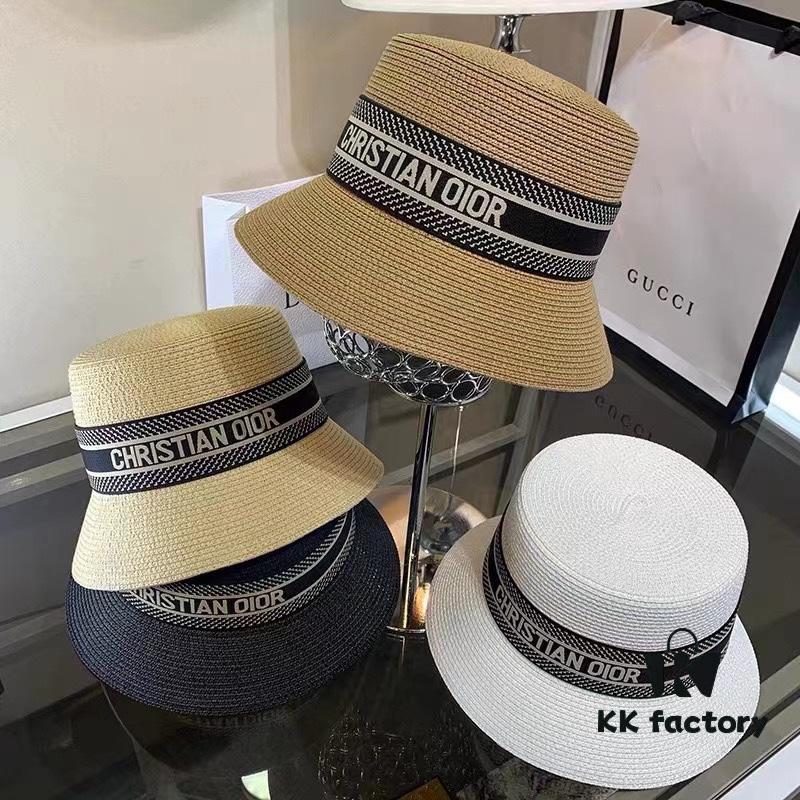 Dior-style Elegant PP Straw Small Bucket Sun Hat, Sweet and Delicate Design