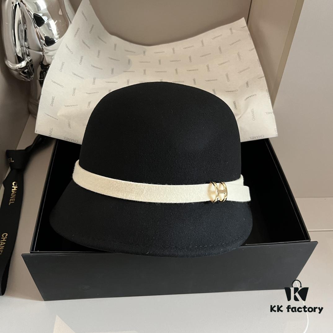 HEREMS Hermès 2024 Autumn/Winter New Wool Bucket Hat, 100% Wool, Irregular Cut Design, Fashionable Women's Essential, Head Circumference 57cm, Khaki White Black