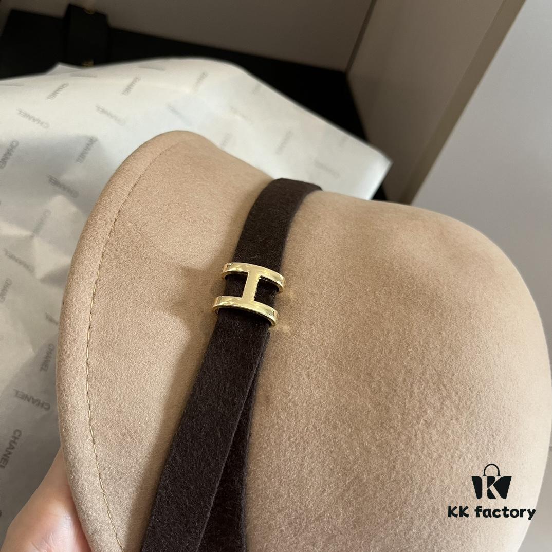 HEREMS Hermès 2024 Autumn/Winter New Wool Fedora Hat, 100% Wool, Irregular Cut Design, Fashionable Women's Essential, Khaki White Black, Head Circumference 57cm