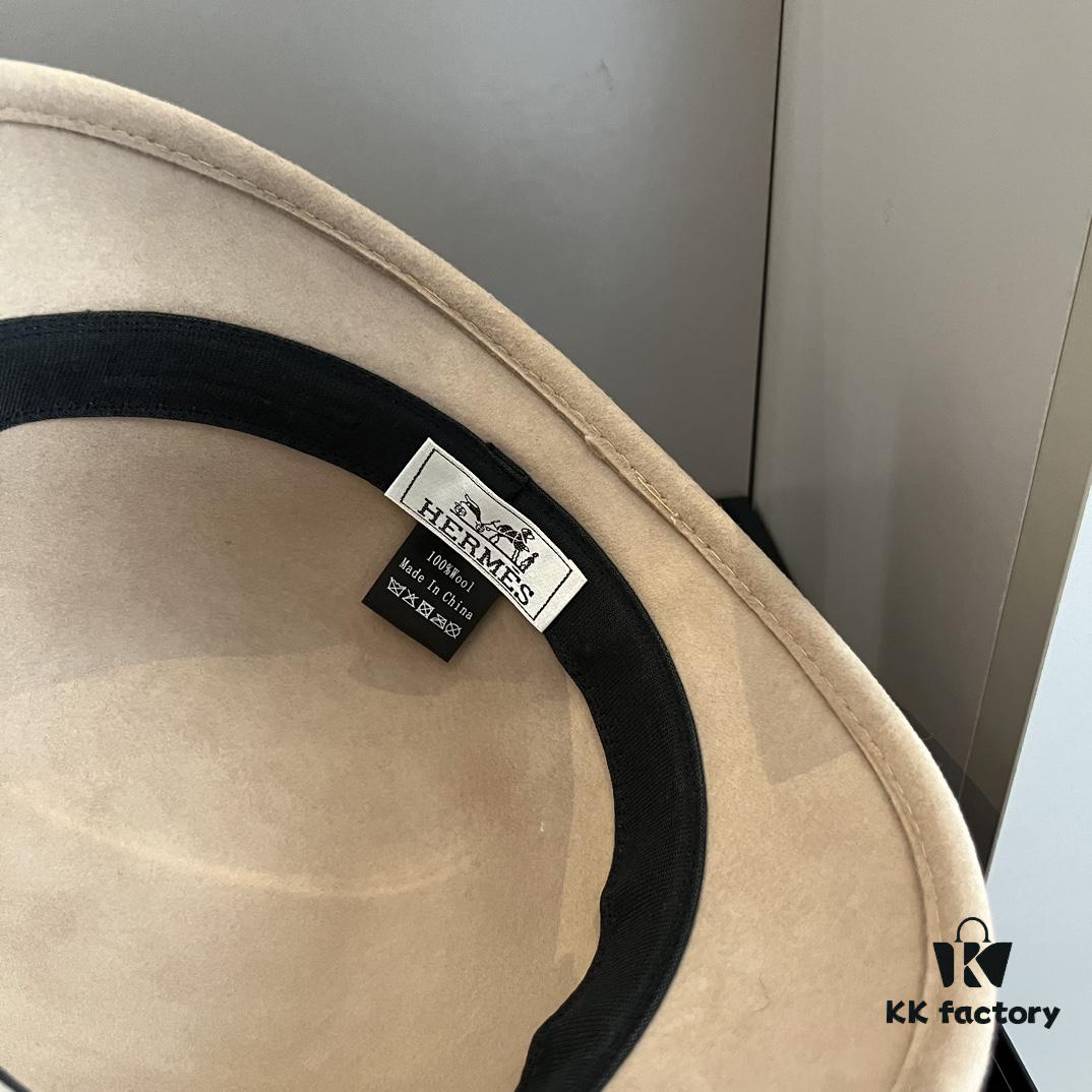 HEREMS Hermès 2024 Autumn/Winter New Wool Fedora Hat, 100% Wool, Irregular Cut Design, Fashionable Women's Essential, Khaki White Black, Head Circumference 57cm