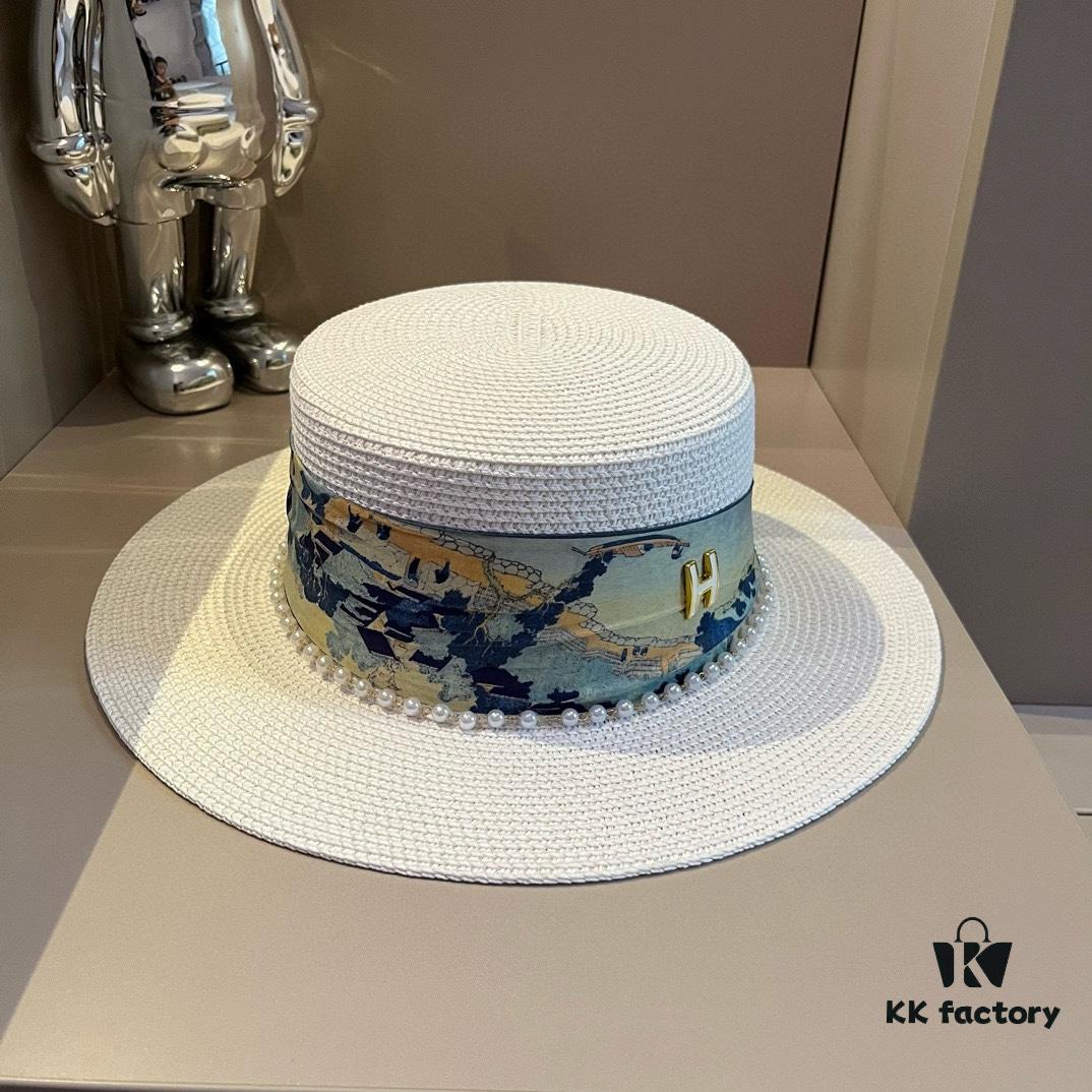 Hermès New Arrival Straw Hat, Flat-Crown Top Hat, Head Circumference 57 cm