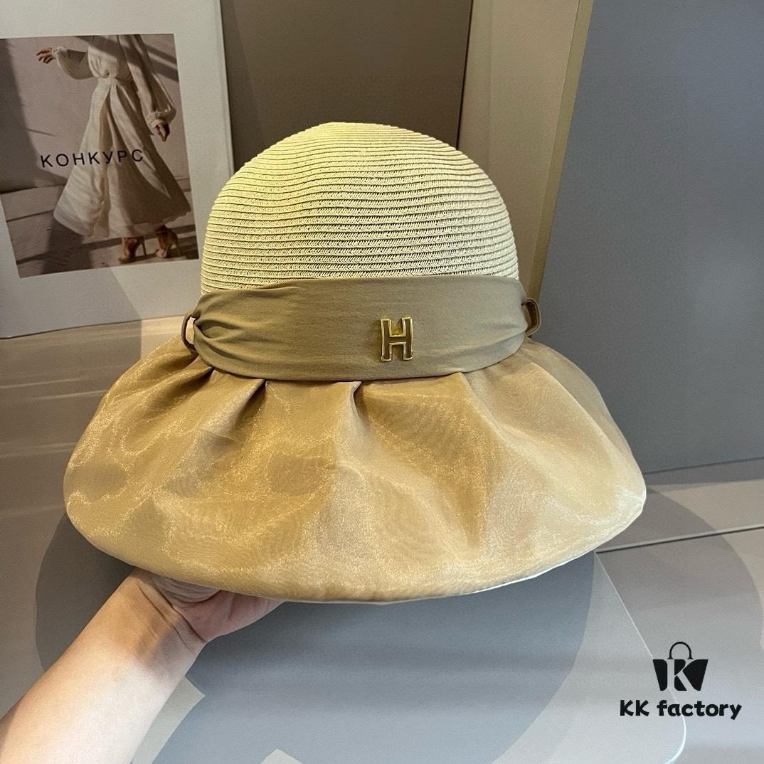 Hermès Straw Hat, Lantern Style, Socialite Fashion, Sun Protection Essential, Foldable, Head Circumference 57cm