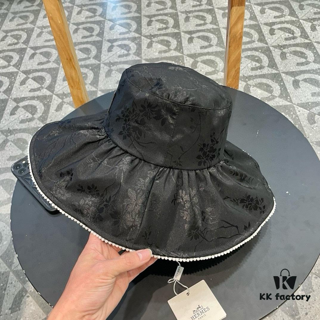 Hermes HERMES 2024 Spring/Summer New Pearl Trimmed Chinese-Style Embroidered Wide-Brimmed Fisherman Hat for Women, Outdoor Travel Beach Sun Hat