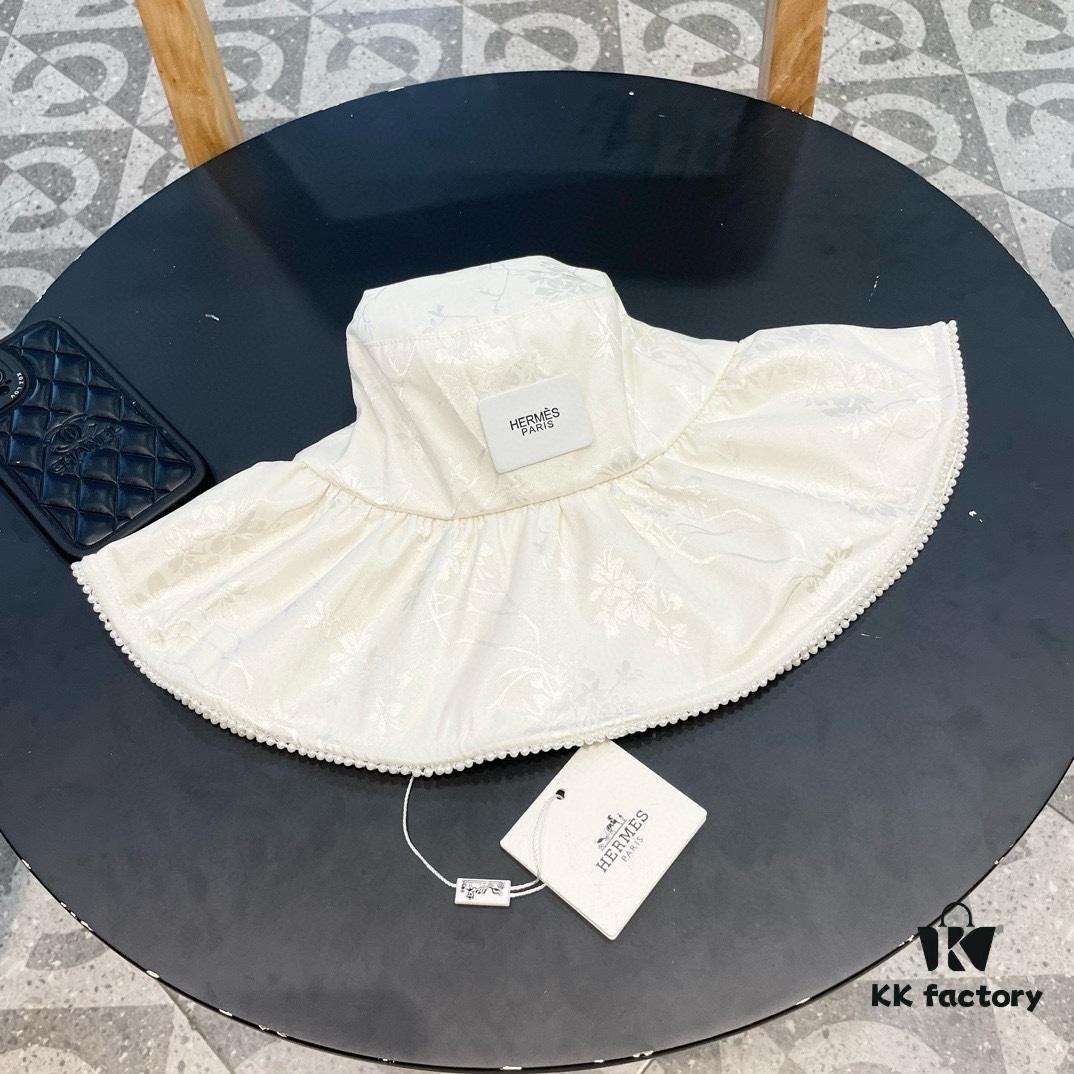 Hermes HERMES 2024 Spring/Summer New Arrival Pearl Trim Chinese Style Embroidered Wide-Brimmed Fisherman Hat for Women, Outdoor Travel Beach Sun Protection Hat