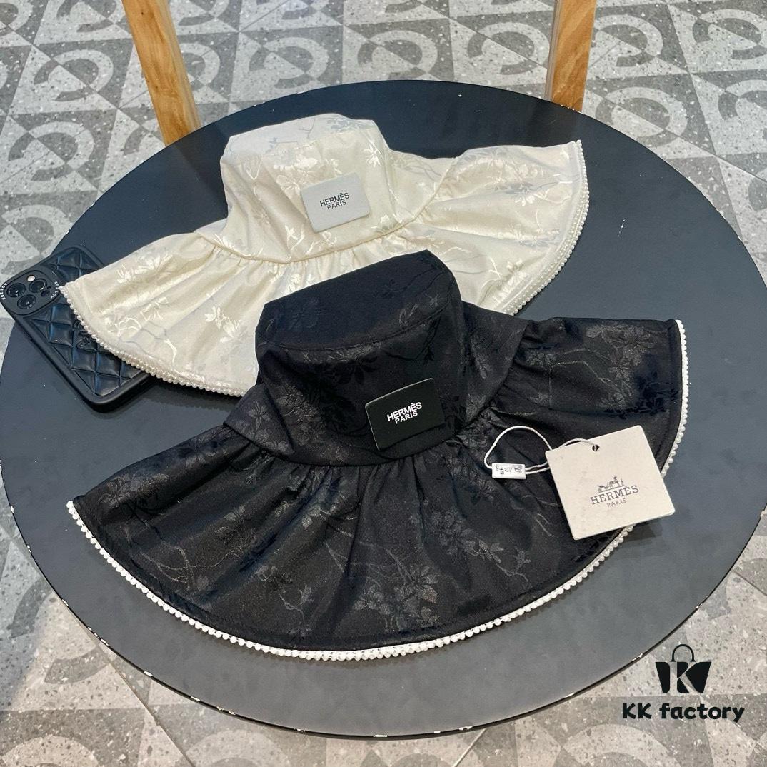 Hermes HERMES 2024 Spring/Summer New Arrival Pearl Trim Chinese Style Embroidered Wide-Brimmed Fisherman Hat for Women, Outdoor Travel Beach Sun Protection Hat