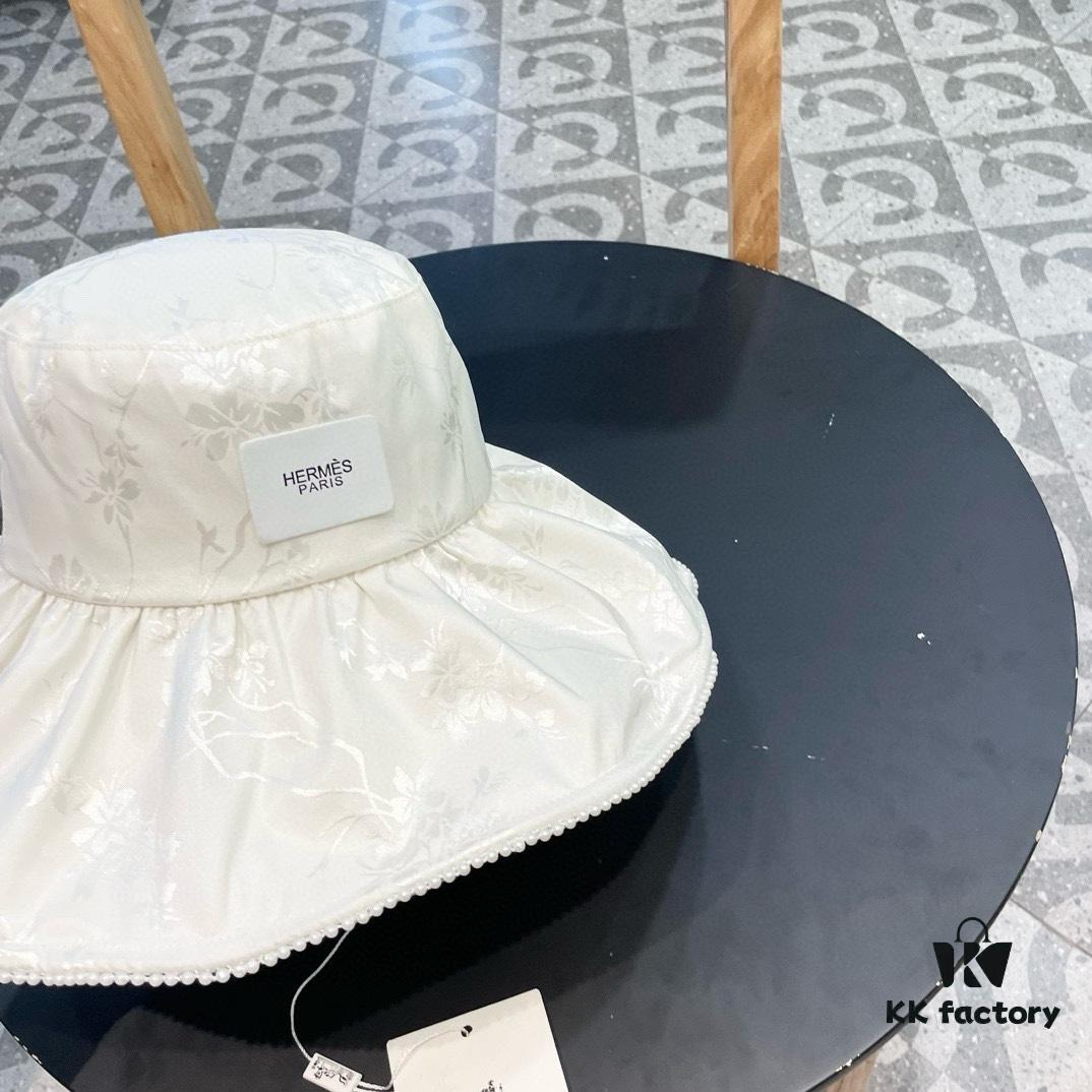 Hermes HERMES 2024 Spring/Summer New Arrival Pearl Trim Chinese Style Embroidered Wide-Brimmed Fisherman Hat for Women, Outdoor Travel Beach Sun Protection Hat