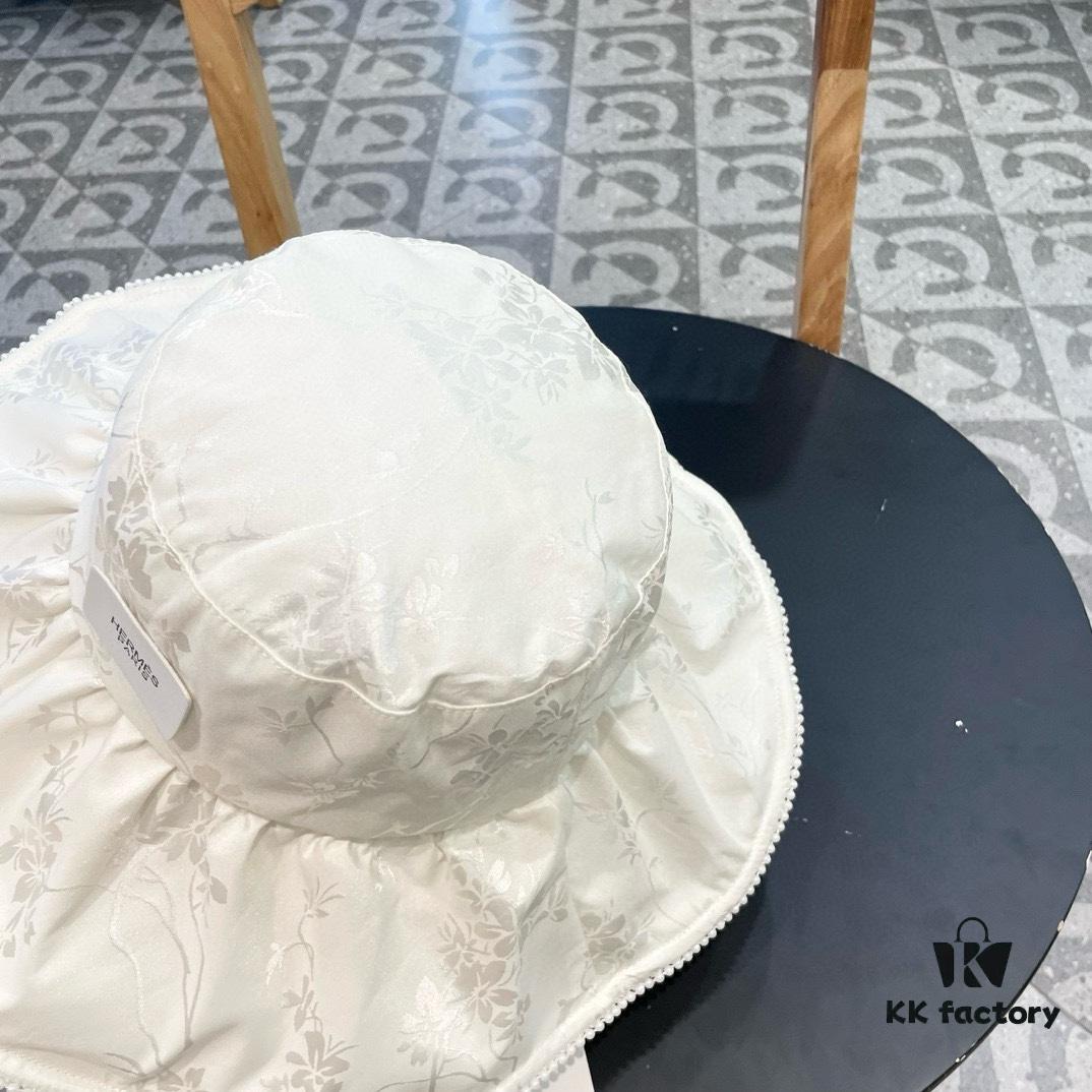 Hermes HERMES 2024 Spring/Summer New Arrival Pearl Trim Chinese Style Embroidered Wide-Brimmed Fisherman Hat for Women, Outdoor Travel Beach Sun Protection Hat