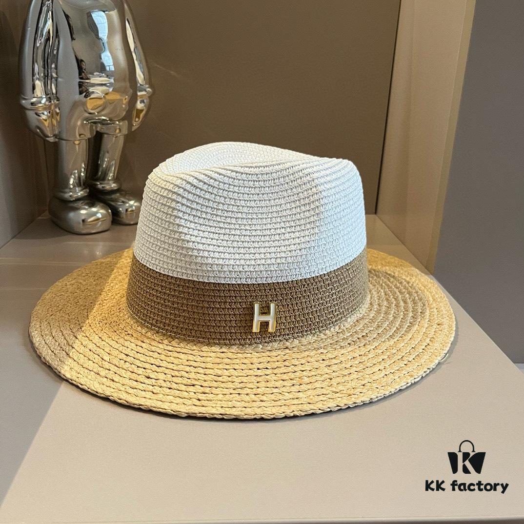 Hermès New Arrival Color-Block Straw Hat, Raffia Brim, 57cm Head Circumference