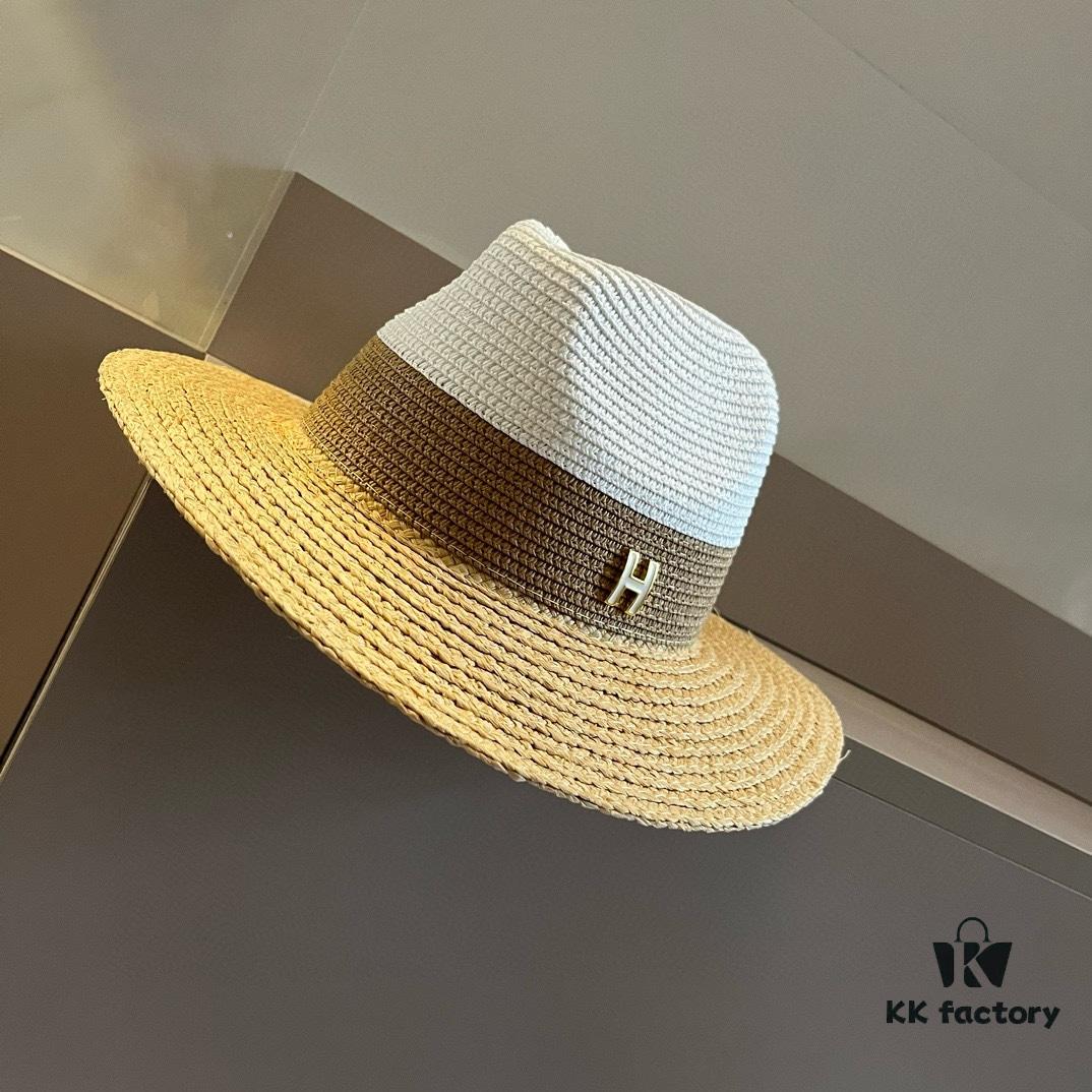 Hermes New Arrival Color-Block Straw Hat, Rafia Brim, 57cm Head Circumference