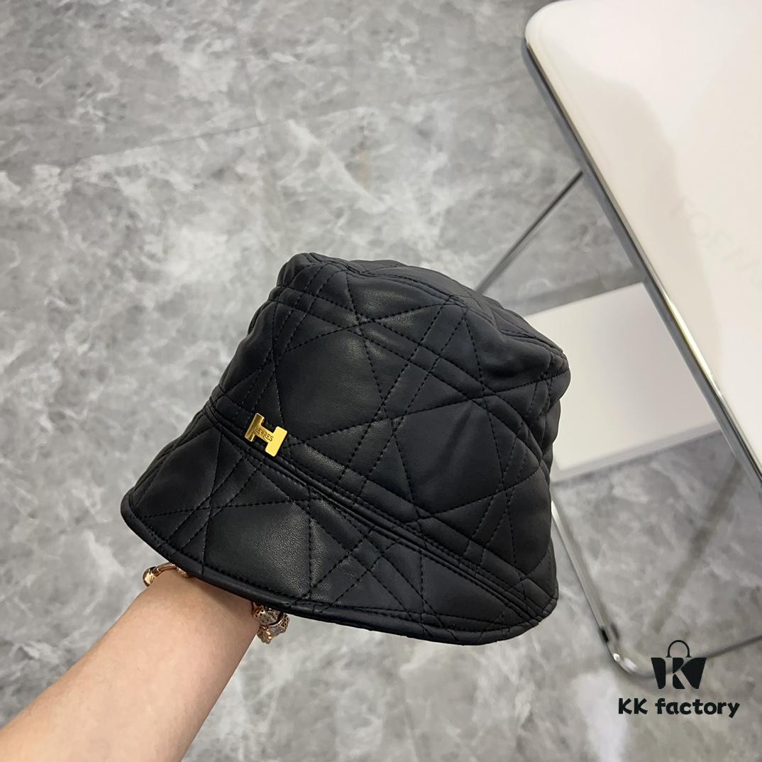 Hermès 2024 New Leather Quilted Irregular Fisherman Hat 💛 Dust Bag Included 🌈 Minimalist Style