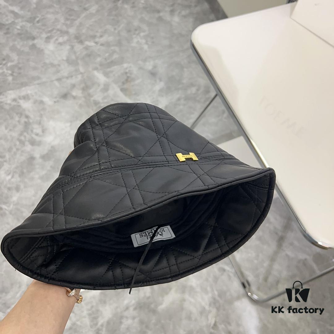 Hermès 2024 New Leather Quilted Irregular Fisherman Hat 💛 Dust Bag Included 🌈 Minimalist Style