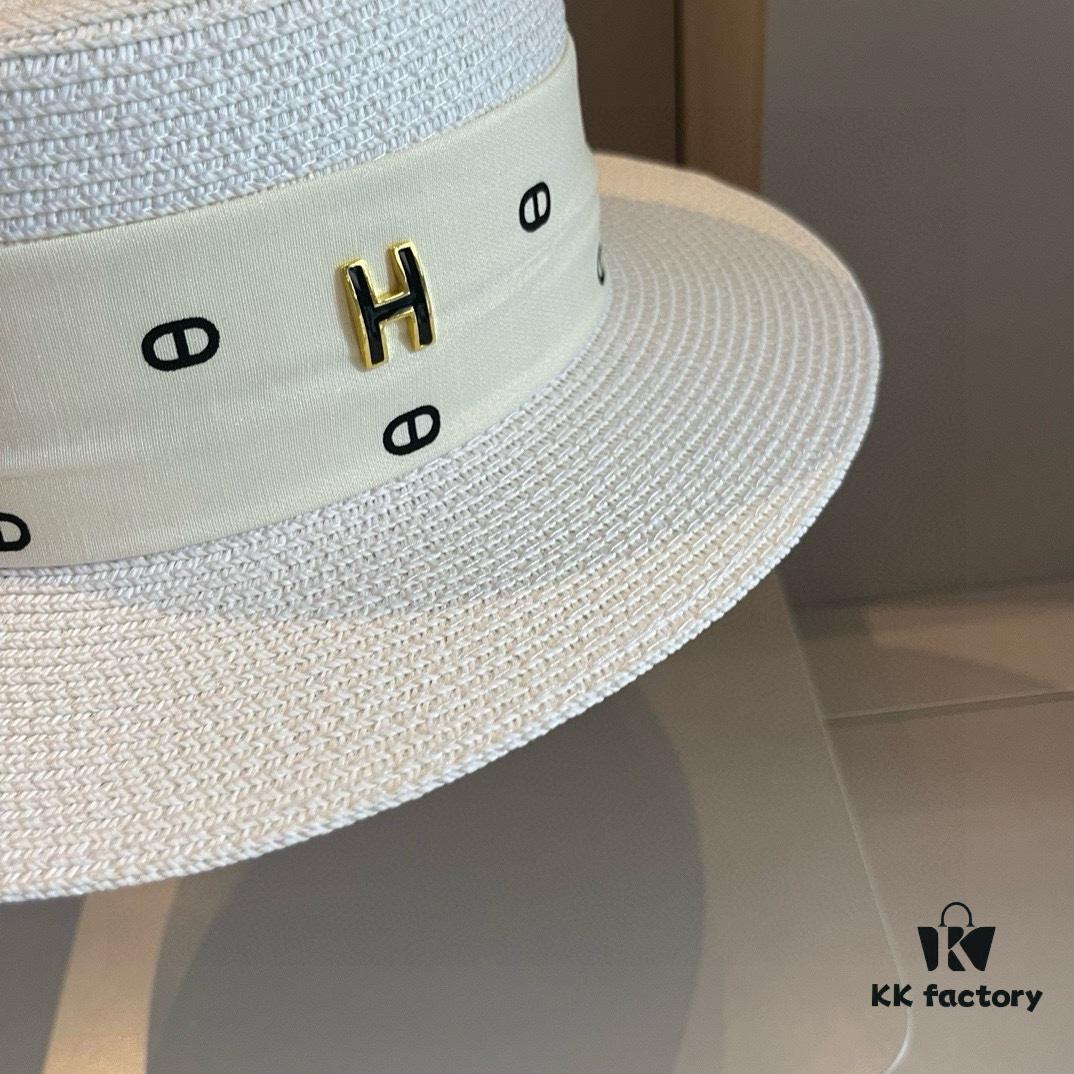 Hermès New Arrival Straw Hat, Flat-Crown Fedora, Head Circumference 57cm