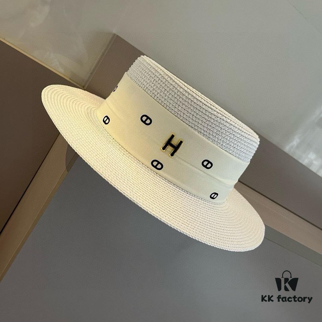 Hermès New Arrival Straw Hat, Flat-Crown Fedora, Head Circumference 57cm