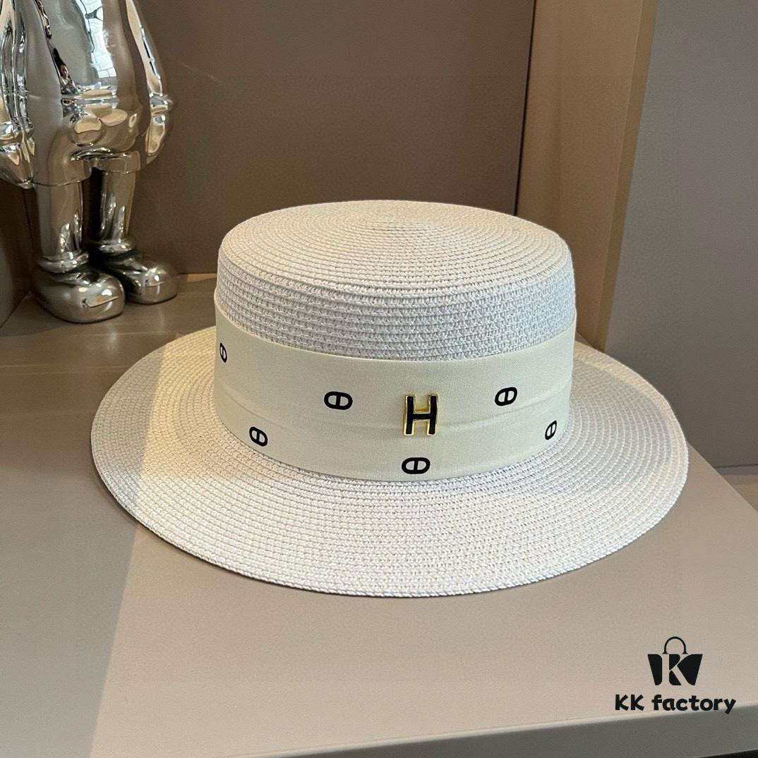 Hermès New Arrival Straw Hat, Flat-Crown Fedora, Head Circumference 57cm