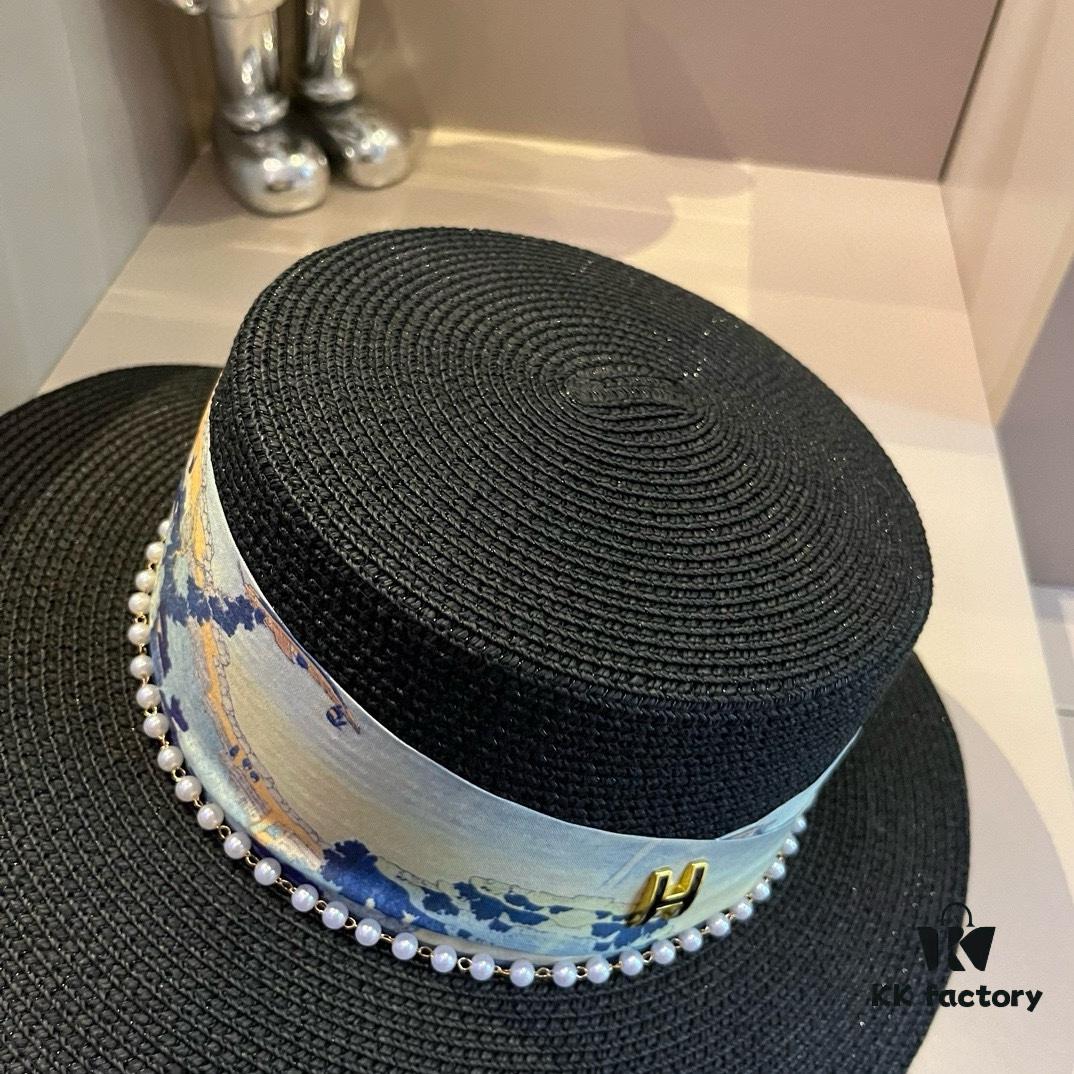 Hermès New Arrival Straw Hat, Flat-Crown Fedora, Head Circumference 57cm