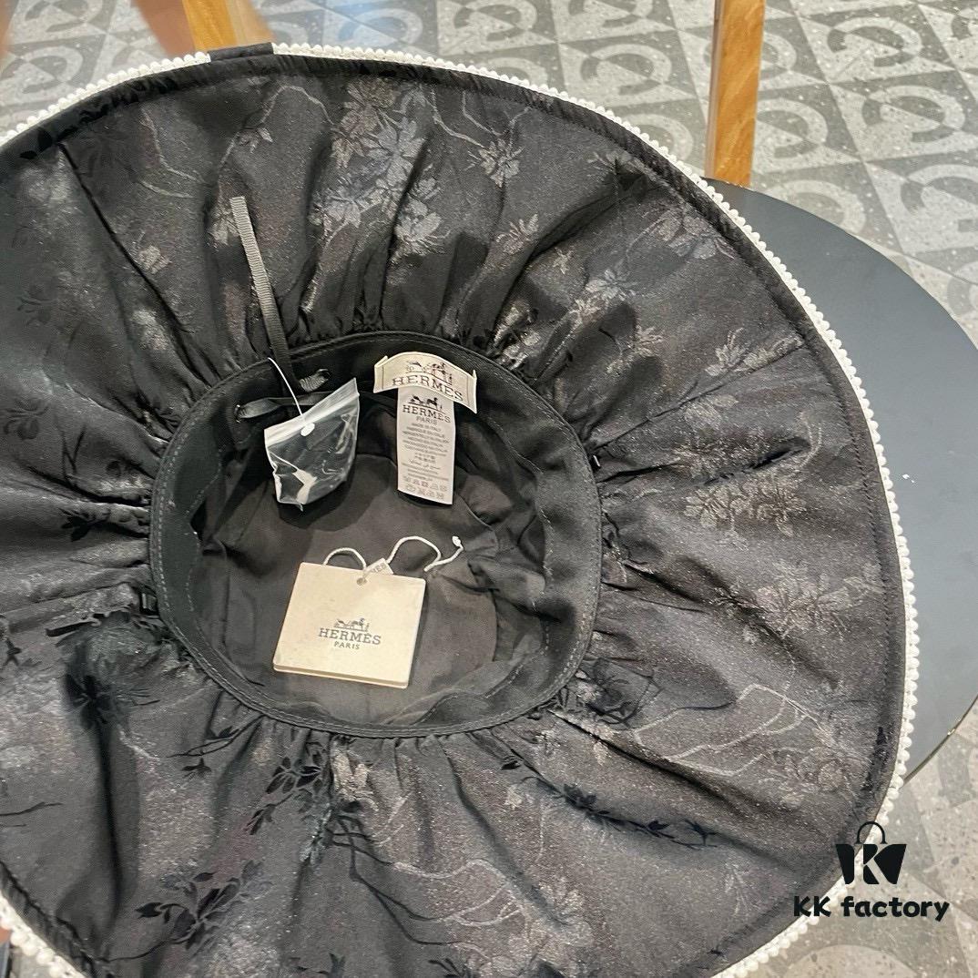 Hermes HERMES 2024 Spring/Summer New Pearl Trimmed Chinese-Style Embroidered Wide-Brimmed Fisherman Hat for Women, Outdoor Travel Beach Sun Hat