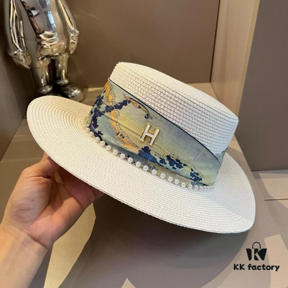 Hermes New Arrival Straw Hat, Flat-Crown Top Hat, Head Circumference 57cm