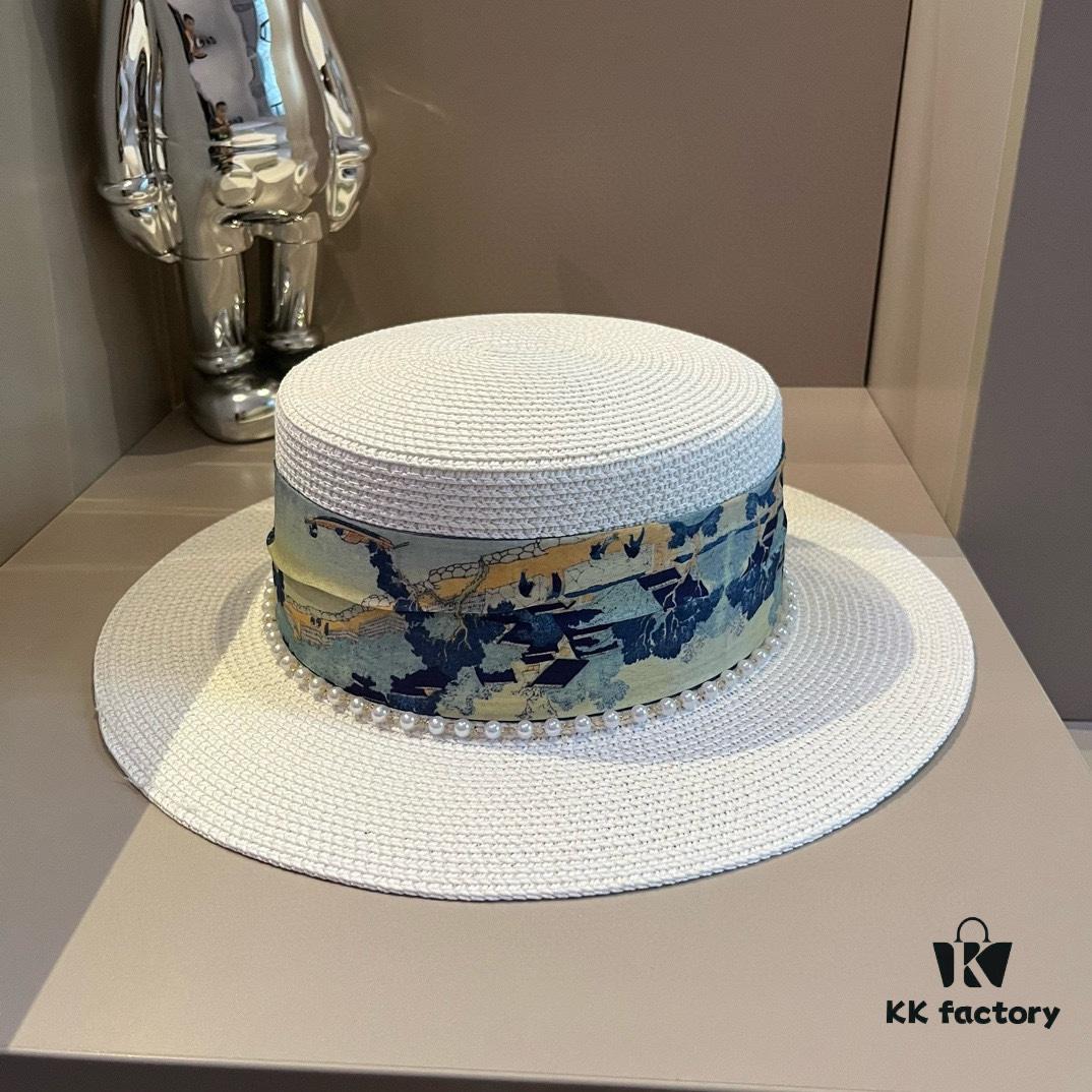 Hermes New Arrival Straw Hat, Flat-Crown Top Hat, Head Circumference 57cm