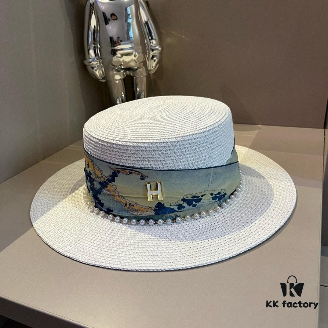 Hermes New Arrival Straw Hat, Flat-Crown Top Hat, Head Circumference 57cm
