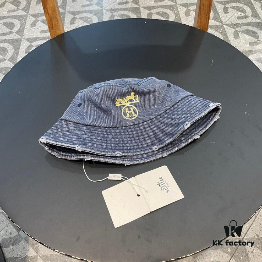 Hermès 2024 Fall/Winter 6cm Small Brim American Vintage Washed Distressed Denim Fisherman Hat, Bucket Hat