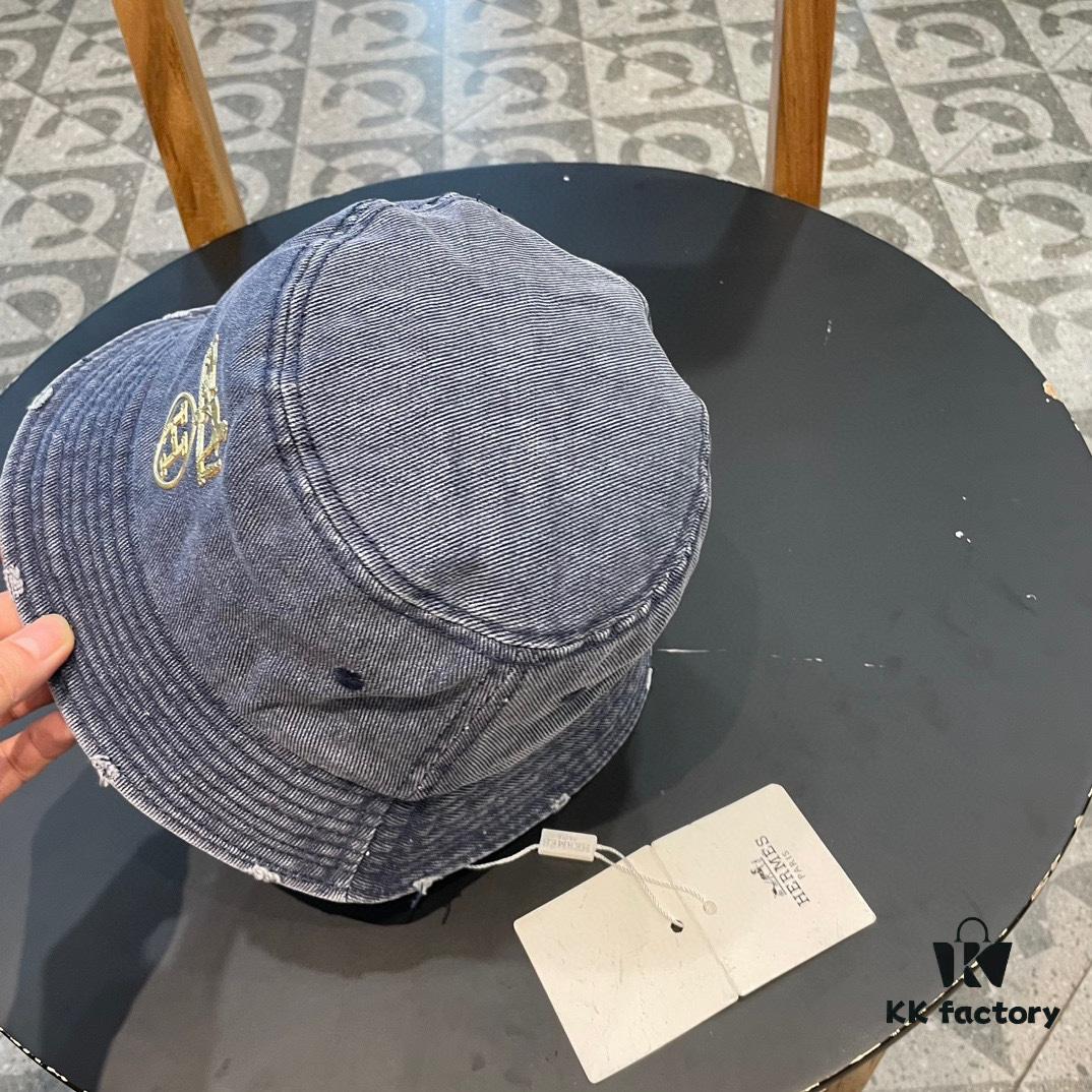 Hermès 2024 Fall/Winter 6cm Small Brim American Vintage Washed Distressed Denim Fisherman Hat, Bucket Hat