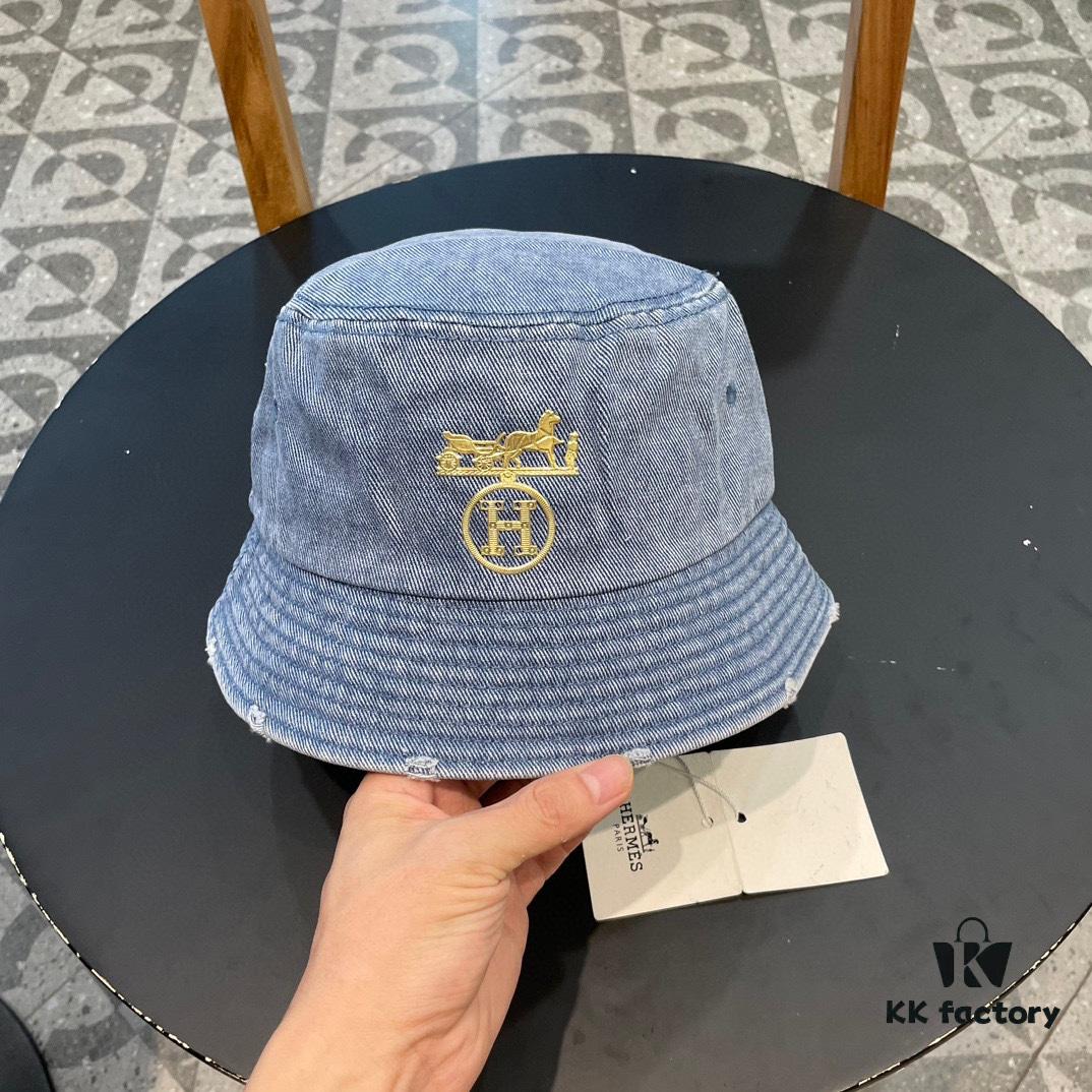 Hermes 2024 Fall/Winter 6cm Small Brim American Vintage Washed Distressed Denim Fisherman Hat, Bucket Hat