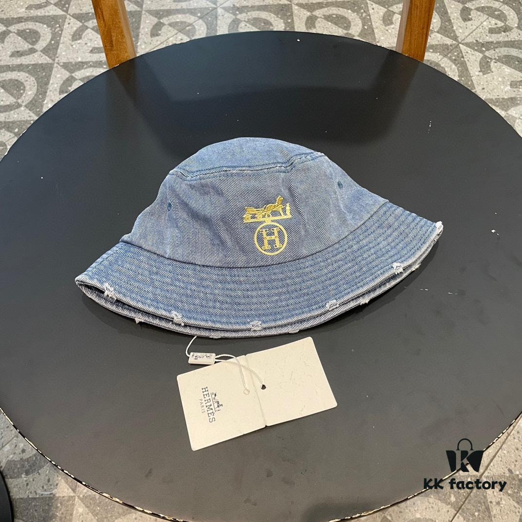 Hermes 2024 Fall/Winter 6cm Small Brim American Vintage Washed Distressed Denim Fisherman Hat, Bucket Hat